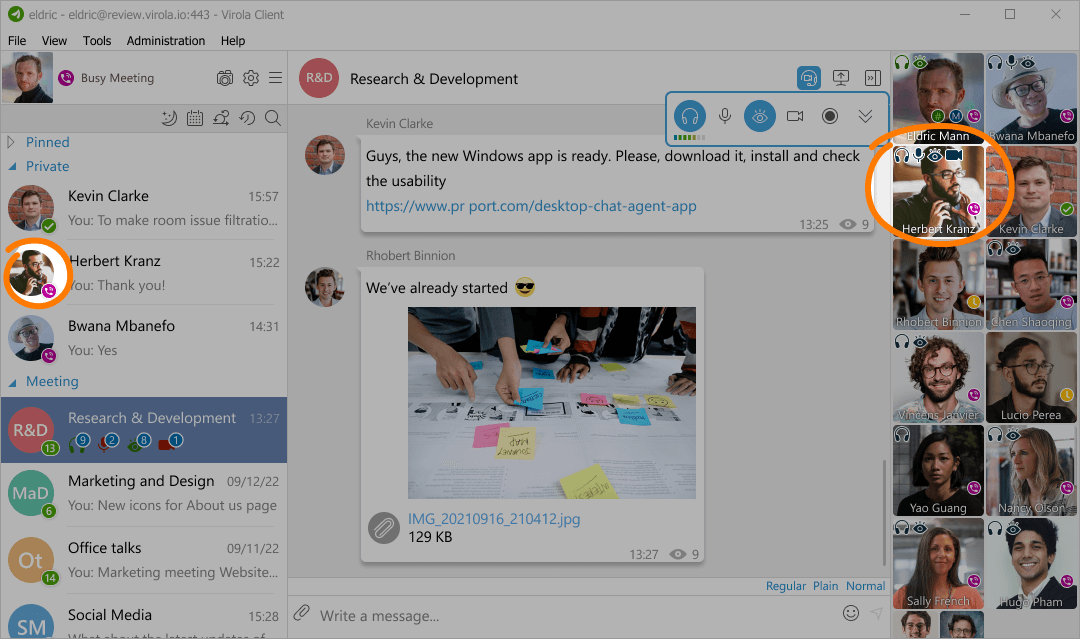 Enable video stream and view other participants' streams Live avatars in Virola Messenger