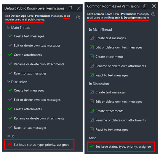 Example of room-level settings that allow managing issues in this room