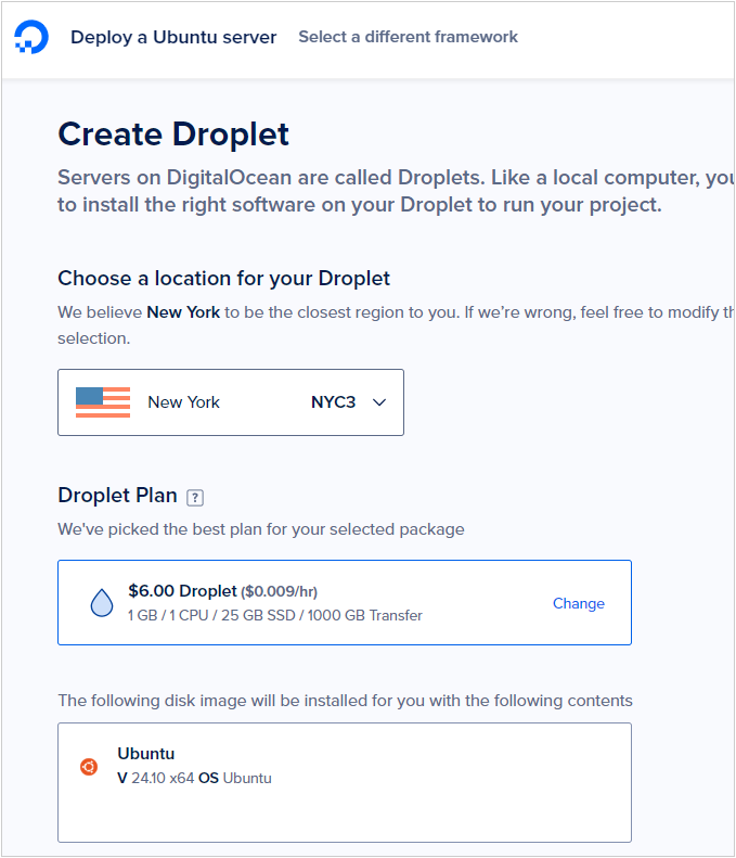 Screenshot of DigitalOcean's Droplet creation settings