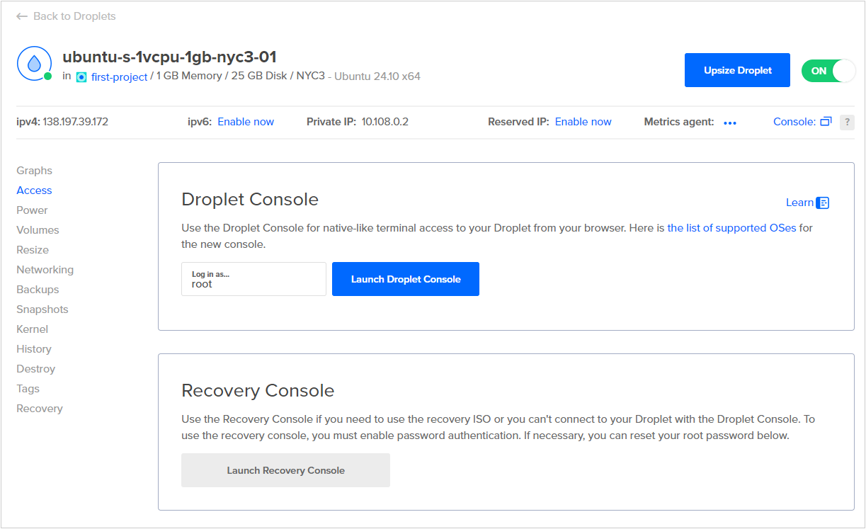 Screenshot of DigitalOcean's Droplet Launch Console settings