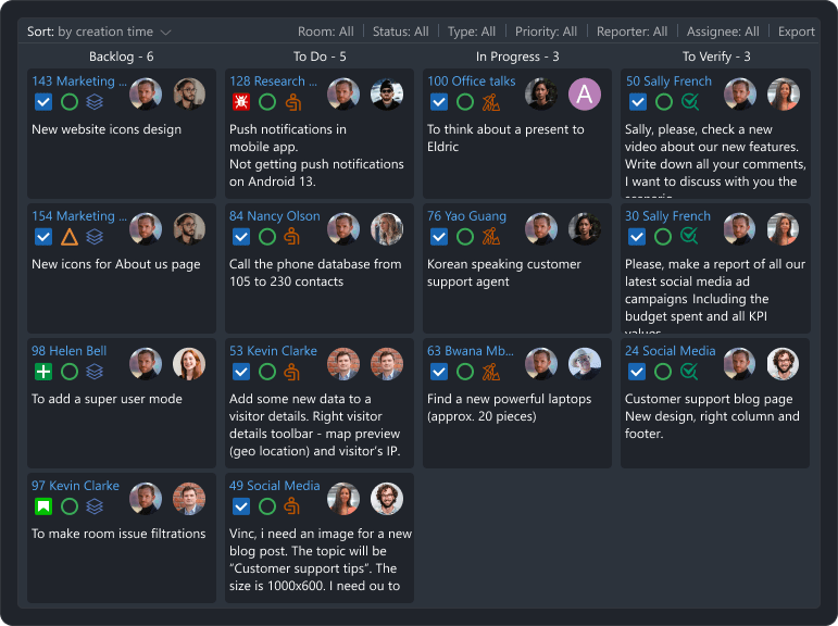 Task board in Virola messenger