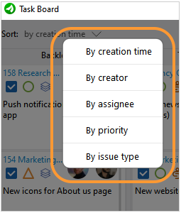 Sorting in task board